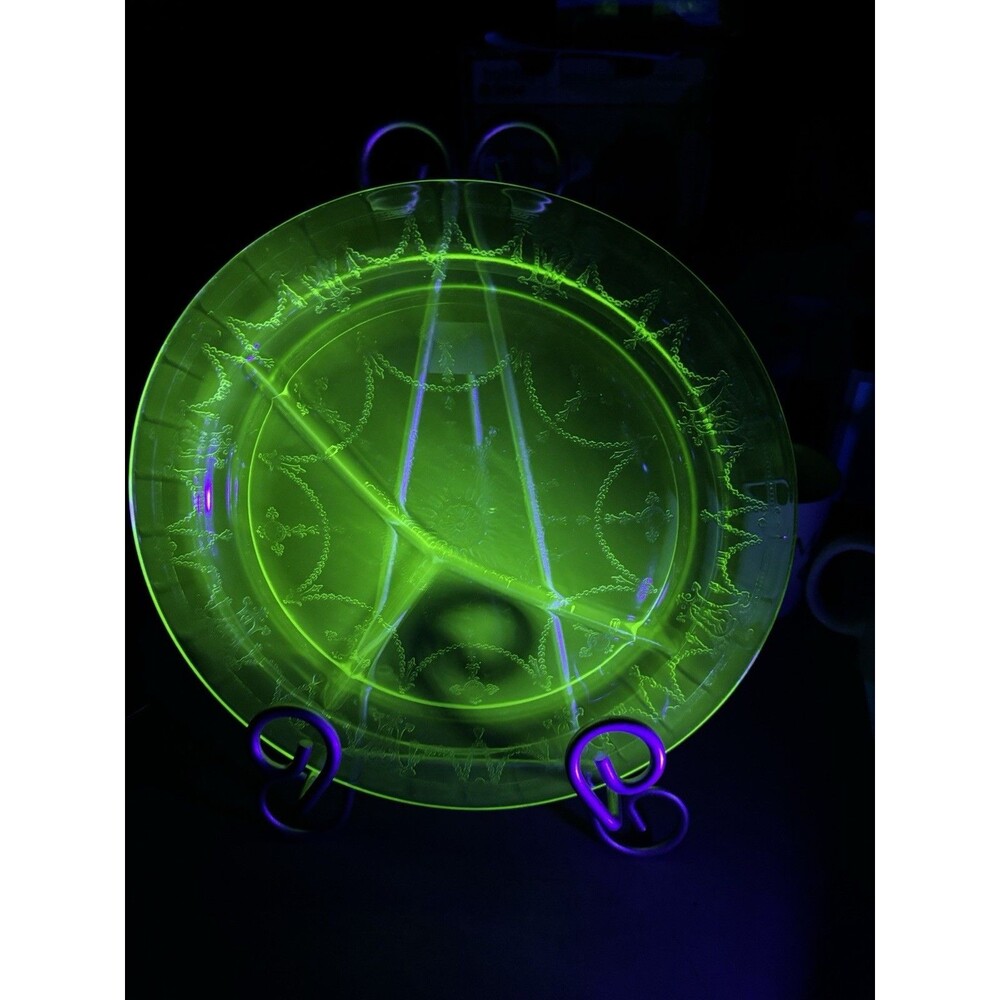 Vintage Uranium Green Depression Glass Cameo Ballerina Divided Plate Glows 10.5"